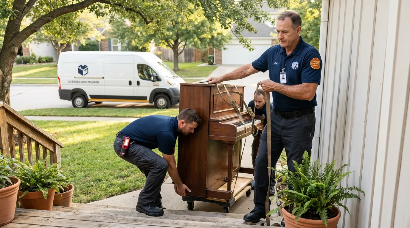 Licensed piano movers securing grand piano in Passaic, NJ