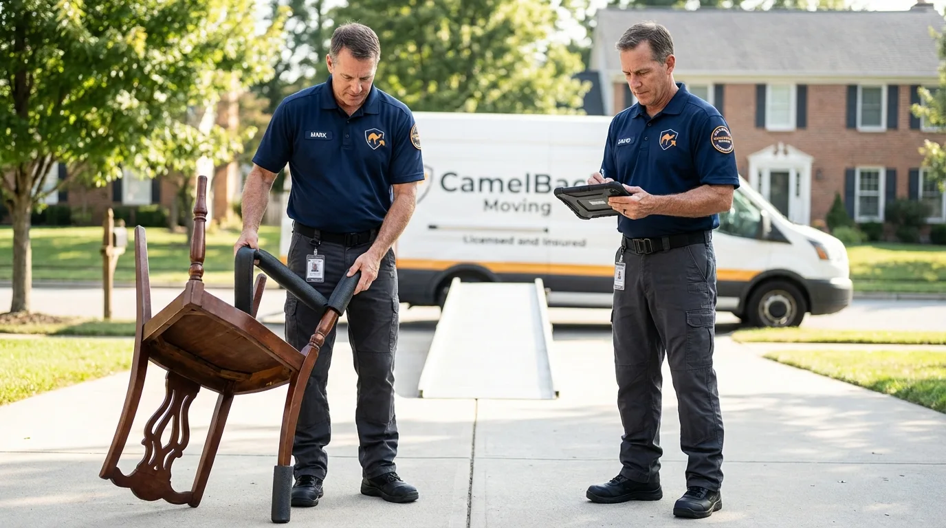 Movers inspecting furniture for damage prevention before loading in Passaic, NJ