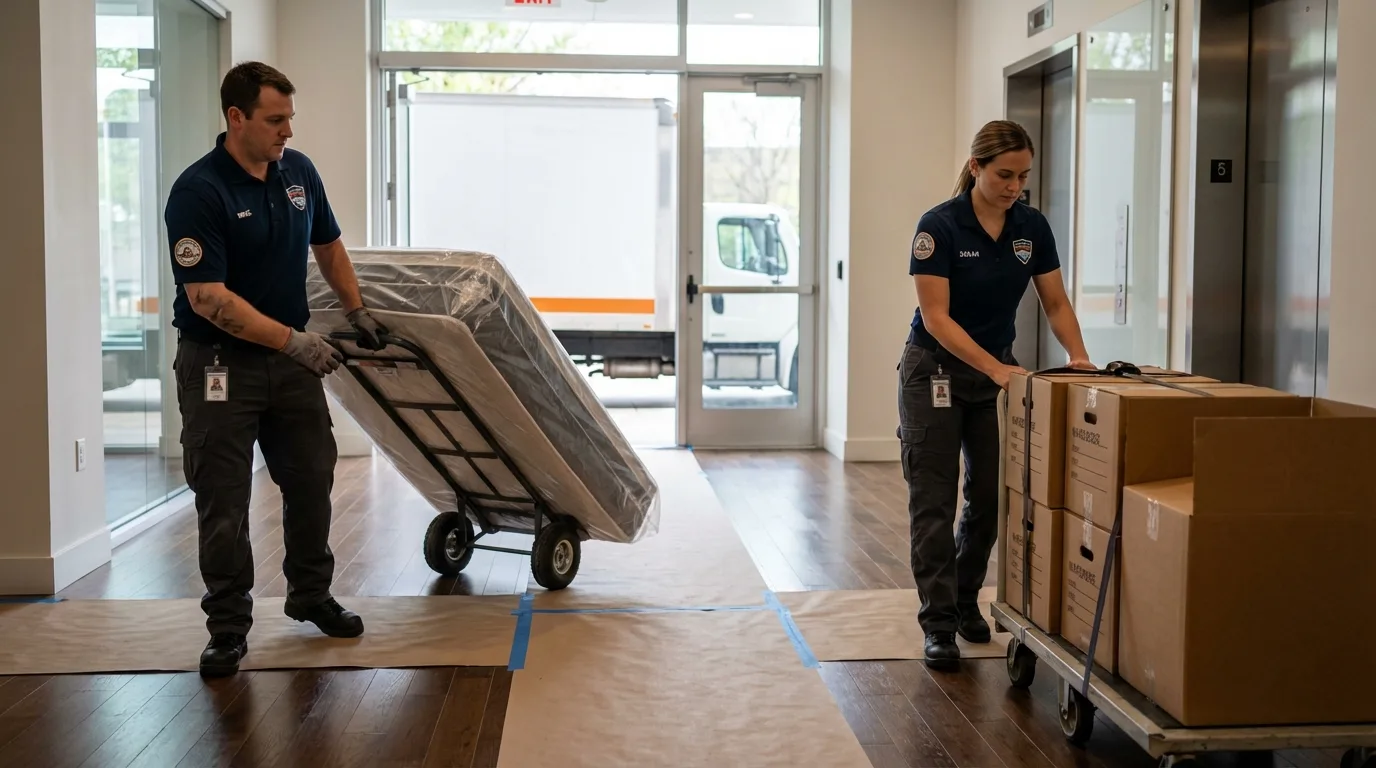 Professional apartment movers loading elevator in Passaic, NJ